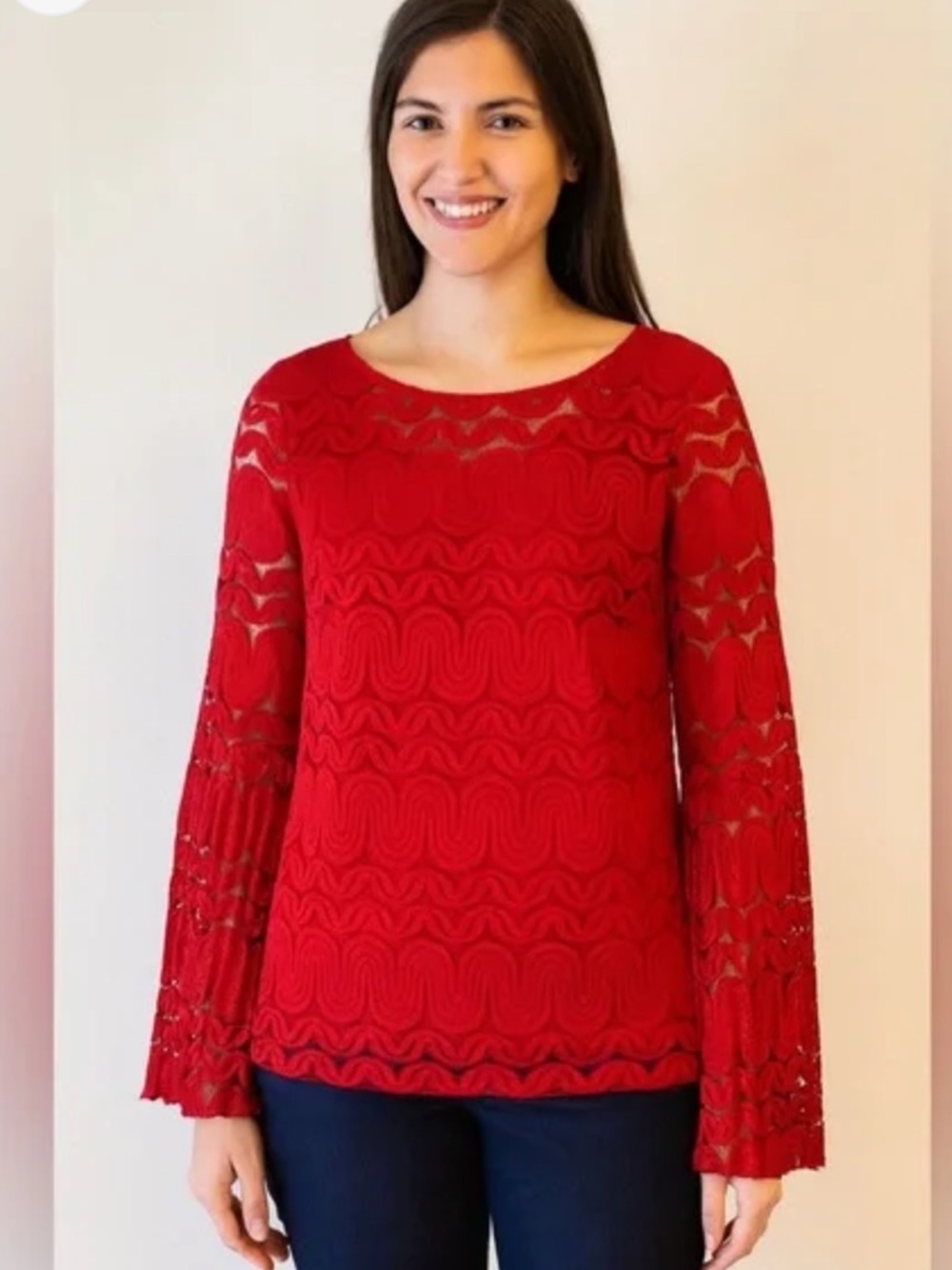 NWT Trina Turk Red Lace Pleated Sleeve Blouse